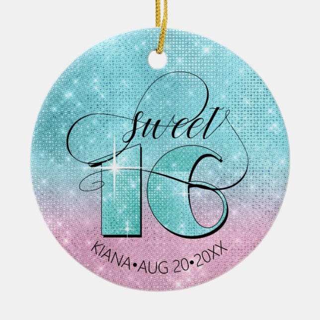 Glitter and Shine Sweet 16 Teal/Pink ID675 Ceramic Ornament (Front)