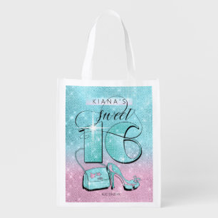 Glitter and Shine Sweet 16 Teal/Pink ID675 Grocery Bag