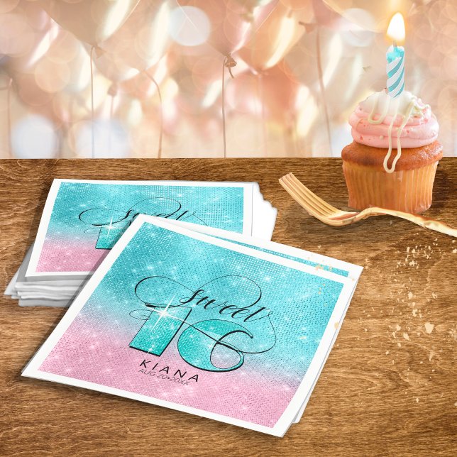 Glitter and Shine Sweet 16 Teal/Pink ID675 Napkins (Creator Uploaded)