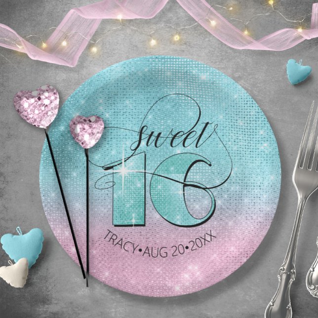 Glitter and Shine Sweet 16 Teal/Pink ID675 Paper Plates (Creator Uploaded)