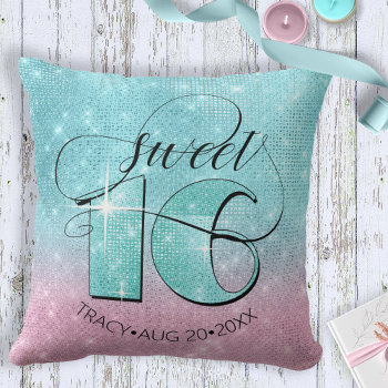 Glitter And Shine Sweet 16 Teal/pink Id675 Throw Pillow by arrayforhome at Zazzle