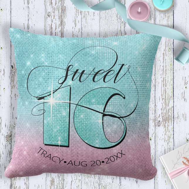 Glitter and Shine Sweet 16 Teal/Pink ID675 Throw Pillow (Creator Uploaded)