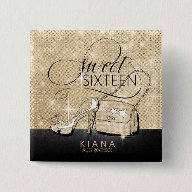 Glitter and Shine Sweet 16 V2 Black/Gold ID675 Button (Front)