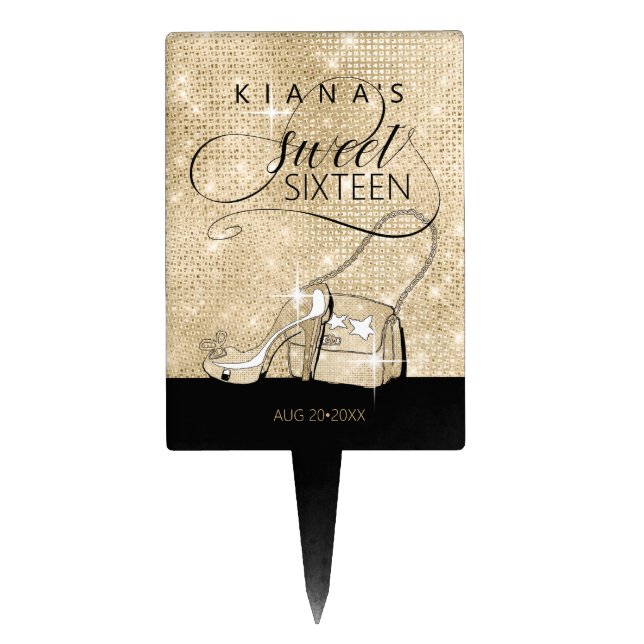 Glitter and Shine Sweet 16 V2 Black/Gold ID675 Cake Topper (Front)