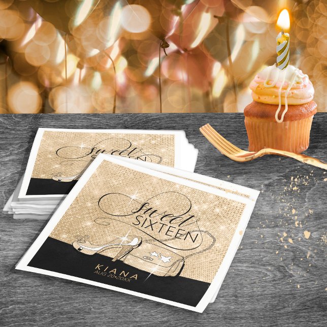 Glitter and Shine Sweet 16 V2 Black/Gold ID675 Napkins (Creator Uploaded)