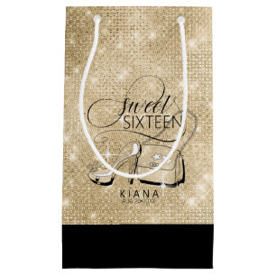 Glitter and Shine Sweet 16 V2 Black/Gold ID675 Small Gift Bag