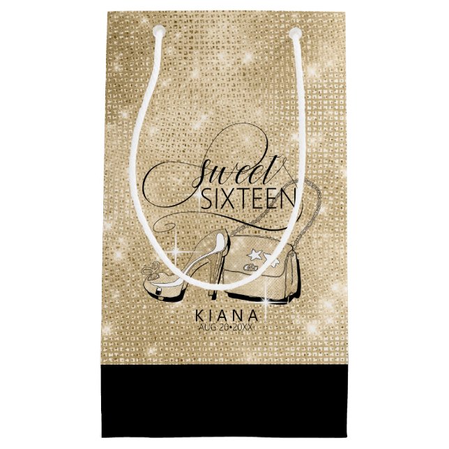 Glitter and Shine Sweet 16 V2 Black/Gold ID675 Small Gift Bag (Front)