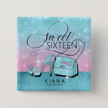 Glitter And Shine Sweet 16 V2 Teal/pink Id675 Button by arrayforaccessories at Zazzle