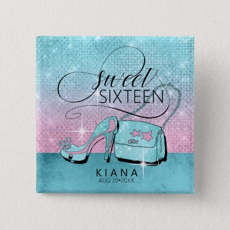 Glitter And Shine Sweet 16 V2 Teal/pink Id675 Button
