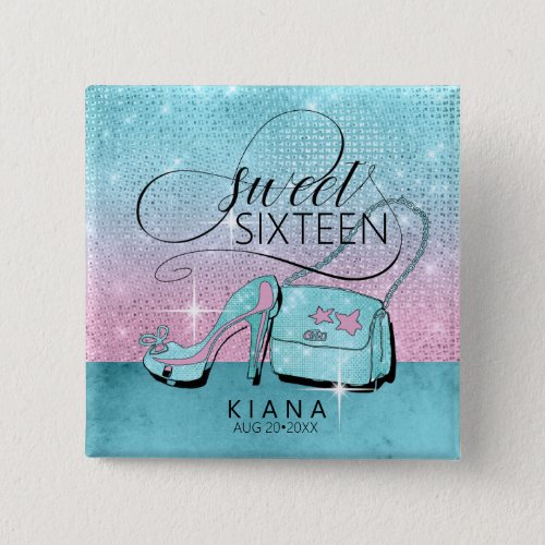 Glitter and Shine Sweet 16 V2 TealPink ID675 Button