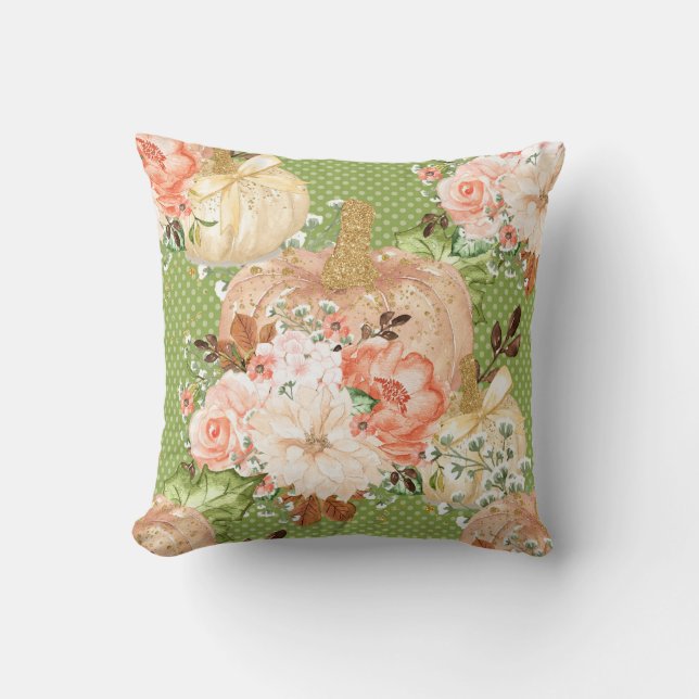 Glitter and Sparkle Fall Floral and Pumpkin Throw Pillow (Front)