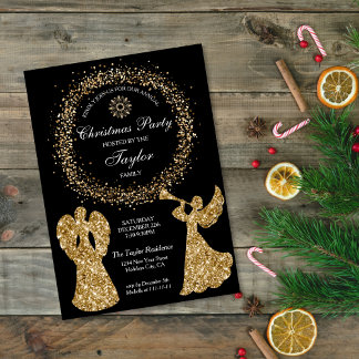 Glitter Angel Christmas Family Dinner Party Invitation