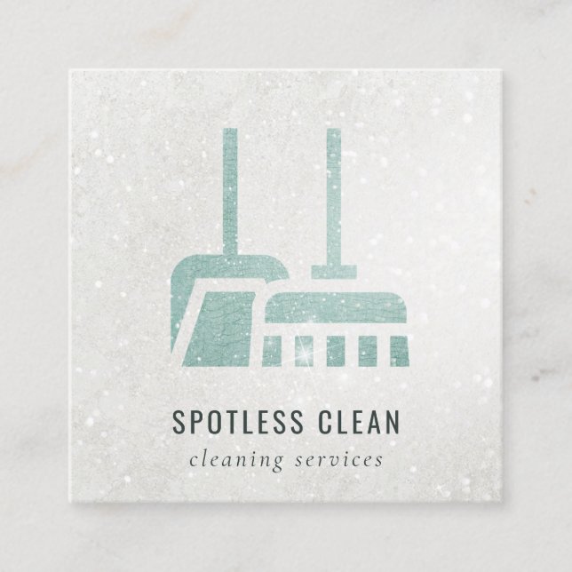 Glitter Aqua Blue Teal Broom Cleaning Service Square Business Card (Front)