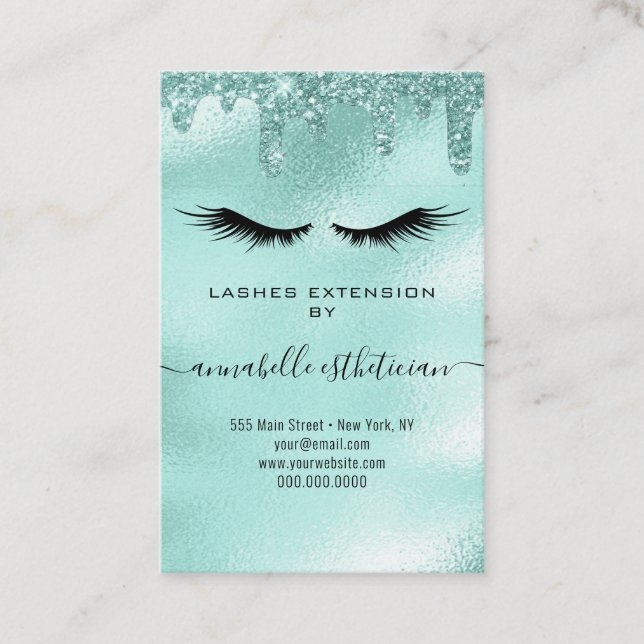 Glitter Aqua Eyelash Extension Client Record Business Card (Front)