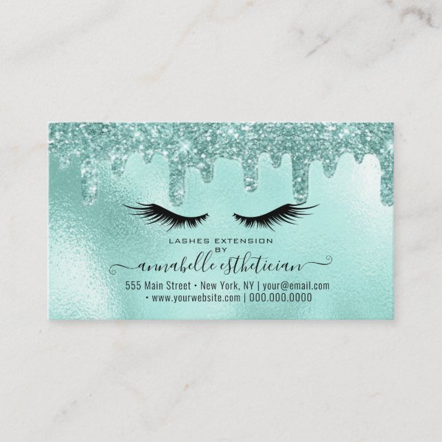Glitter Aqua Eyelash Extension Loyalty Business Card (Front)