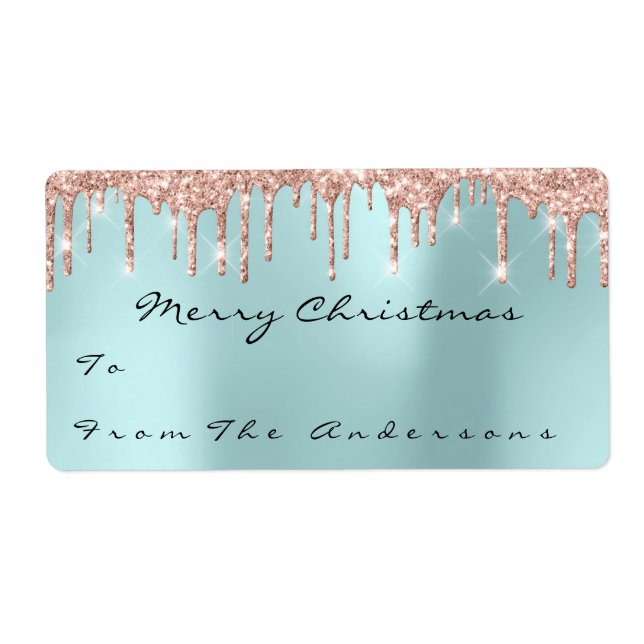 Glitter Aqua Rose Gold Holidays Christmas Season Label (Front)
