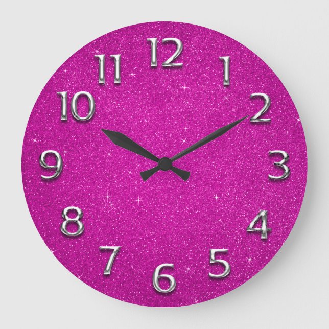 Glitter Arabic Numbers Gray Fuchsia Pink Spark Large Clock (Front)