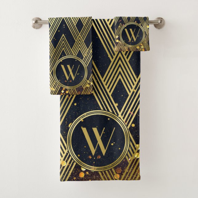Glitter Art Deco Gatsby Glamorous Pattern Monogram Bath Towel Set (Insitu)
