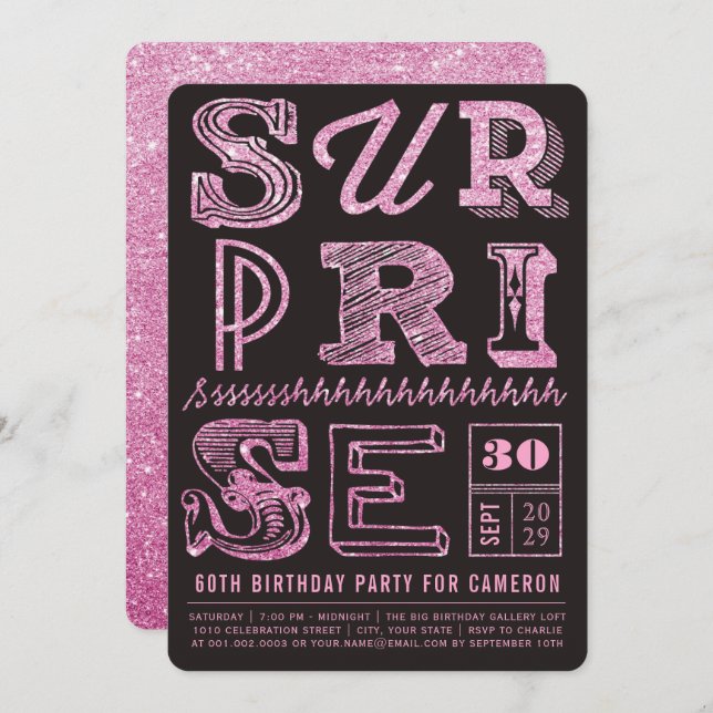 Glitter Art Deco Surprise Party Birthday Invite (Front/Back)
