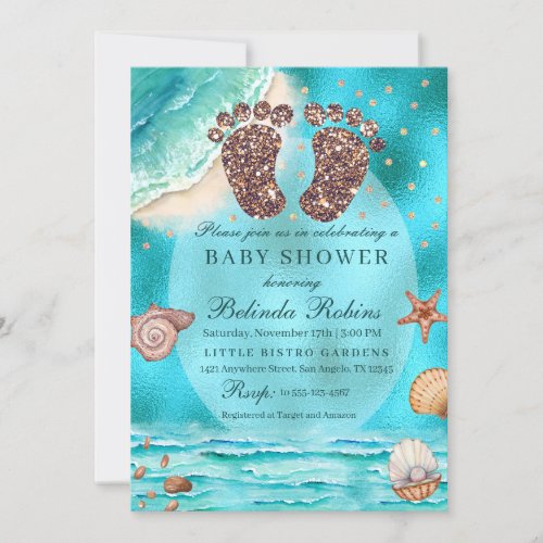 Glitter Baby Feet Beach Baby Shower Invitation