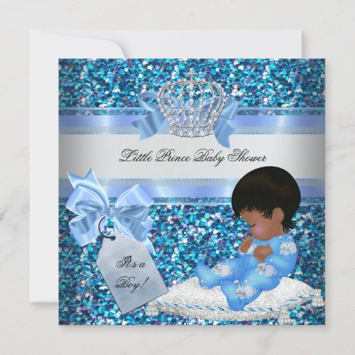 Glitter Baby Shower Boy Blue Little Prince Bunnies Invitation