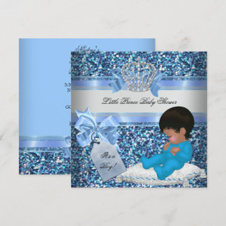 Glitter Baby Shower Boy Blue Little Prince Crown 2 Invitation
