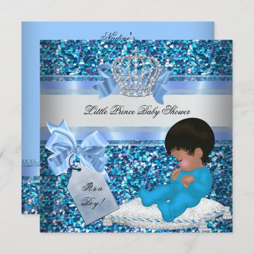 Glitter Baby Shower Boy Blue Little Prince Crown 2 Invitation