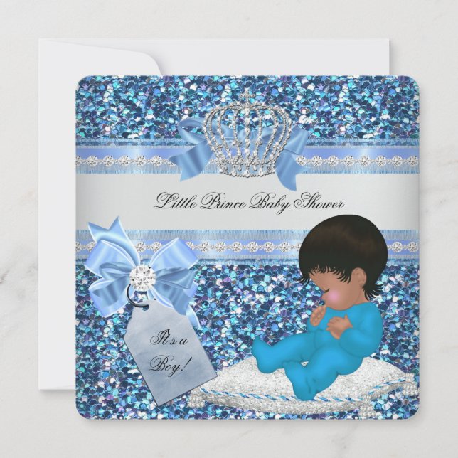 Glitter Baby Shower Boy Blue Little Prince Crown 3 Invitation (Front)