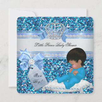 Glitter Baby Shower Boy Blue Little Prince Crown 3 Invitation