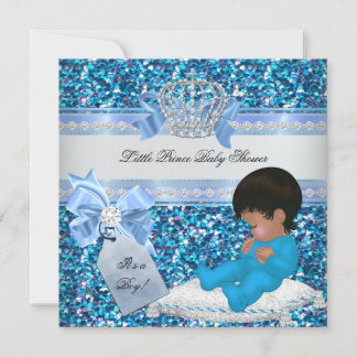 Glitter Baby Shower Boy Blue Little Prince Crown 3 Invitation