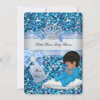 Glitter Baby Shower Boy Blue Little Prince Crown 3 Invitation