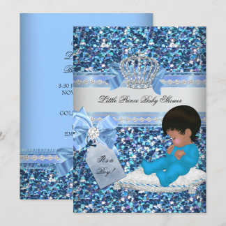 Glitter Baby Shower Boy Blue Little Prince Crown 3 Invitation