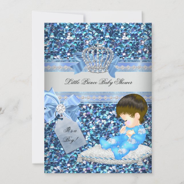 Glitter Baby Shower Boy Blue Little Prince Crown 4 Invitation (Front)