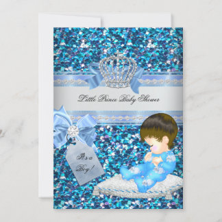Glitter Baby Shower Boy Blue Little Prince Crown 4 Invitation