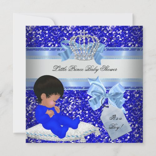 Glitter Baby Shower Boy Blue Little Prince Crown 4 Invitation