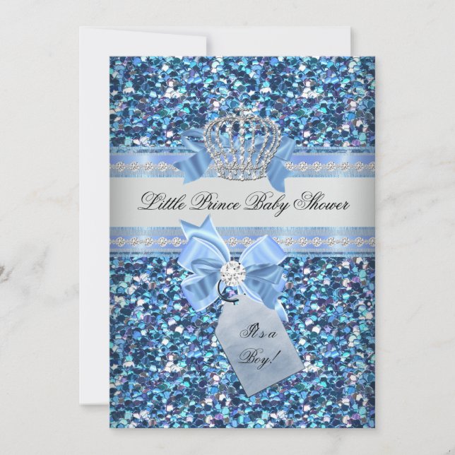 Glitter Baby Shower Boy Blue Little Prince Crown 5 Invitation (Front)