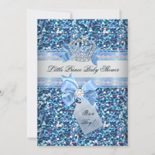 Glitter Baby Shower Boy Blue Little Prince Crown 5 Invitation