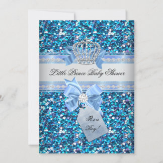 Glitter Baby Shower Boy Blue Little Prince Crown 5 Invitation