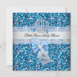 Glitter Baby Shower Boy Blue Little Prince Crown 5 Invitation