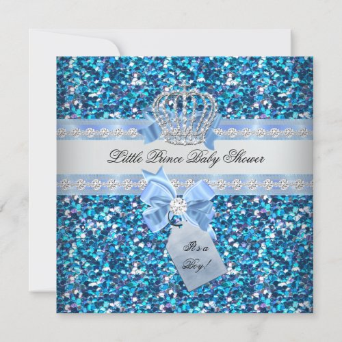 Glitter Baby Shower Boy Blue Little Prince Crown 5 Invitation