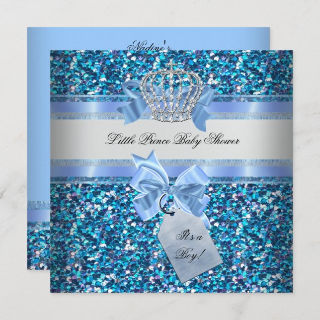 Glitter Baby Shower Boy Blue Little Prince Crown Invitation (Front/Back)