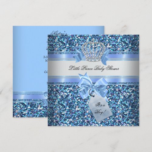 Glitter Baby Shower Boy Blue Little Prince Crown Invitations