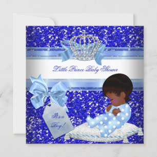 Glitter Baby Shower Boy Blue Little Prince Ethnic Invitation