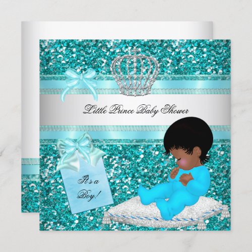Glitter Baby Shower Boy Teal Little Prince Crown Invitation