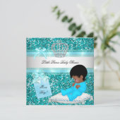 Glitter Baby Shower Boy Teal Little Prince Crown Invitation (Standing Front)