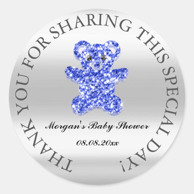 Glitter Baby Shower Favor Thank Blue Royal Bear Classic Round Sticker (Front)
