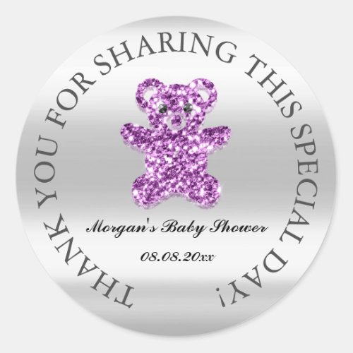 Glitter Baby Shower Favor Thank Purple Bear Silver Classic Round Sticker