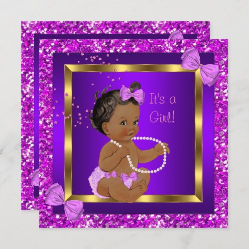 Glitter Baby Shower Girl Purple Pink Ethnic Invitation