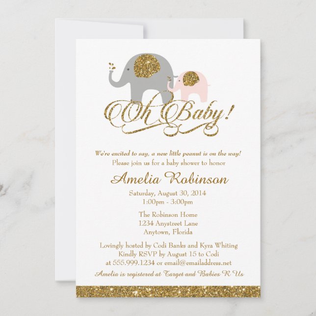 Glitter Baby Shower Invitation, Elephant Peanut Invitation (Front)