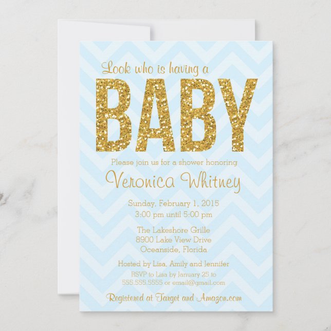 Glitter Baby Shower Invitation, Gold blue Chevron Invitation (Front)